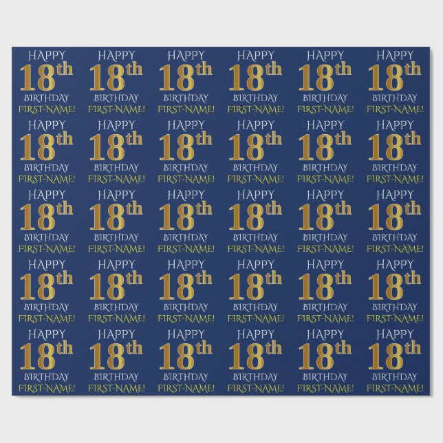 Blue, Faux Gold "HAPPY 18th BIRTHDAY" Wrapping Paper (Flat)