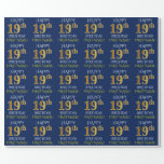 [ Thumbnail: Blue, Faux Gold "Happy 19th Birthday" Wrapping Paper ]