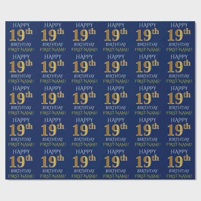 Blue, Faux Gold "HAPPY 19th BIRTHDAY" Wrapping Paper (Flat)