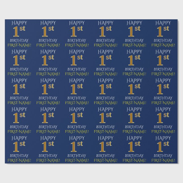 Blue, Faux Gold "HAPPY 1st BIRTHDAY" Wrapping Paper (Flat)