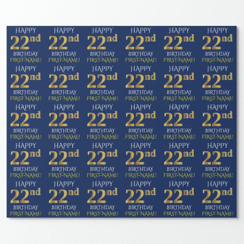 Blue Faux Gold HAPPY 22nd BIRTHDAY Wrapping Paper