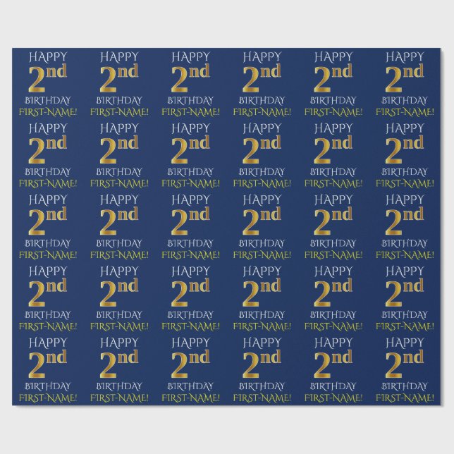 Blue, Faux Gold "HAPPY 2nd BIRTHDAY" Wrapping Paper (Flat)