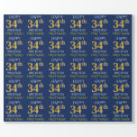 [ Thumbnail: Blue, Faux Gold "Happy 34th Birthday" Wrapping Paper ]