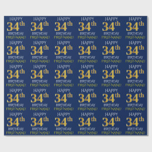 Blue, Faux Gold "HAPPY 34th BIRTHDAY" Wrapping Paper