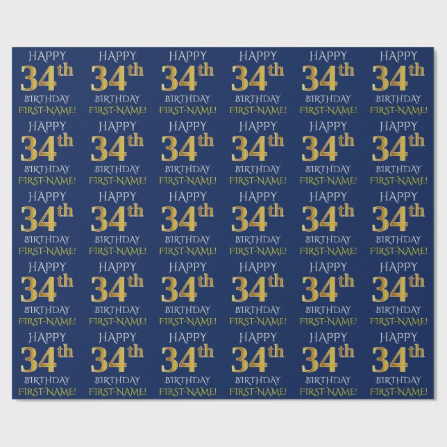 Blue, Faux Gold "HAPPY 34th BIRTHDAY" Wrapping Paper (Flat)