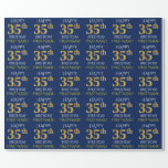 [ Thumbnail: Blue, Faux Gold "Happy 35th Birthday" Wrapping Paper ]