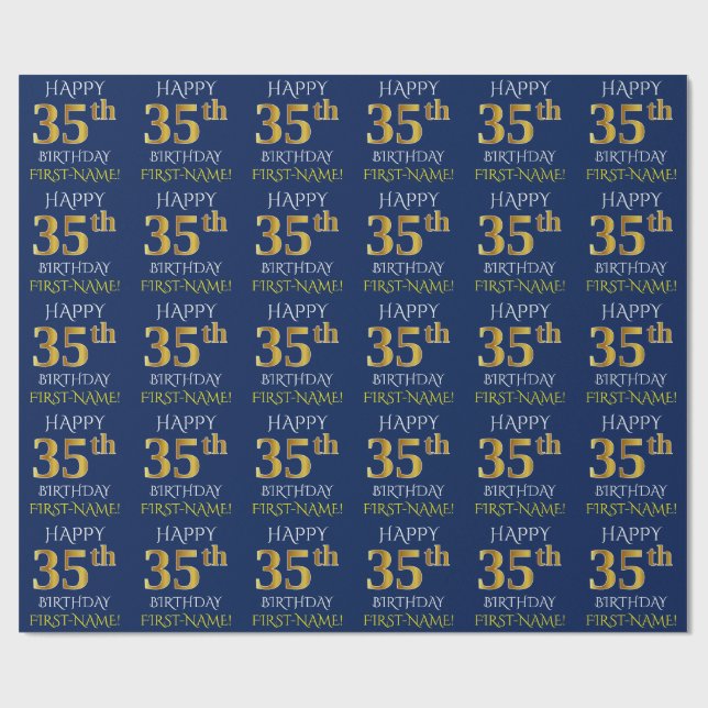 Blue, Faux Gold "HAPPY 35th BIRTHDAY" Wrapping Paper (Flat)