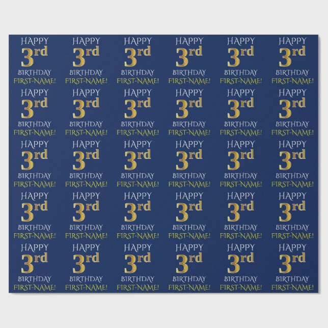 Blue, Faux Gold "HAPPY 3rd BIRTHDAY" Wrapping Paper (Flat)