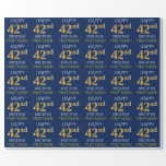 [ Thumbnail: Blue, Faux Gold "Happy 42nd Birthday" Wrapping Paper ]