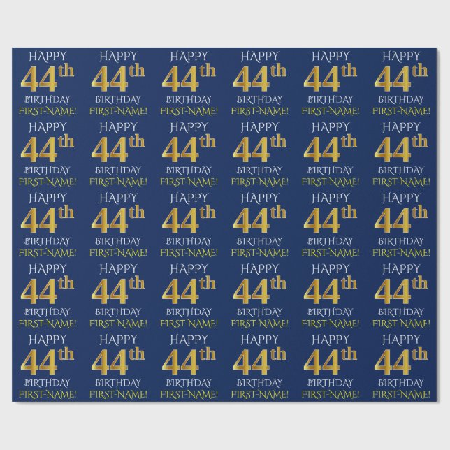 Blue, Faux Gold "HAPPY 44th BIRTHDAY" Wrapping Paper (Flat)