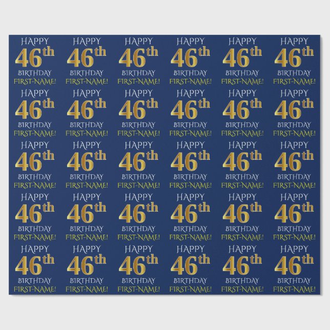Blue, Faux Gold "HAPPY 46th BIRTHDAY" Wrapping Paper (Flat)
