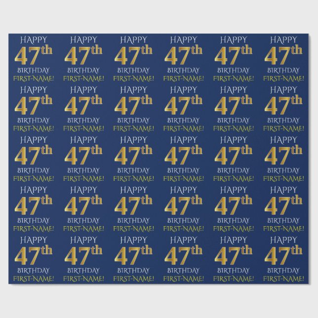 Blue, Faux Gold "HAPPY 47th BIRTHDAY" Wrapping Paper (Flat)