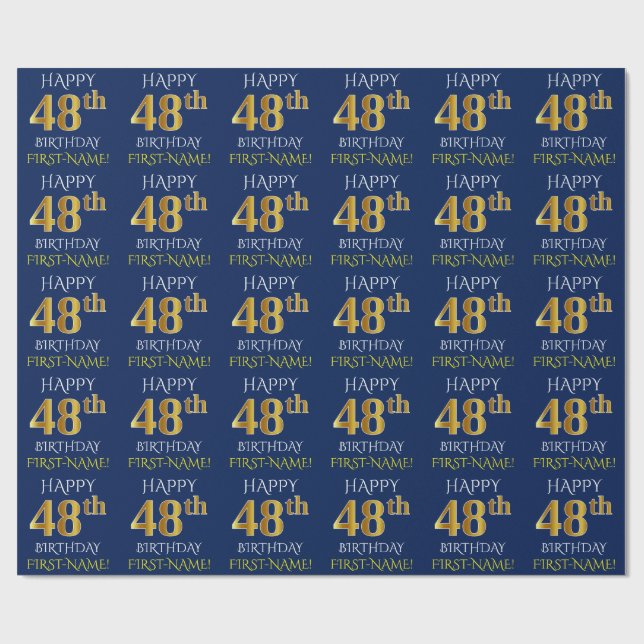 Blue, Faux Gold "HAPPY 48th BIRTHDAY" Wrapping Paper (Flat)