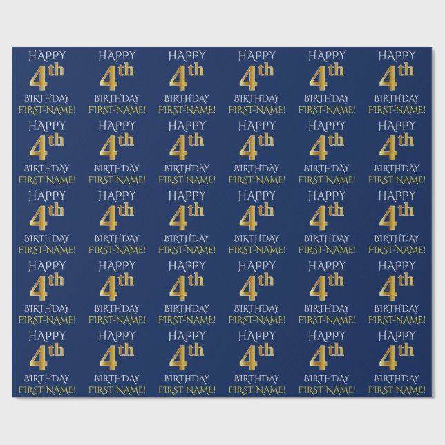 Blue, Faux Gold "HAPPY 4th BIRTHDAY" Wrapping Paper (Flat)