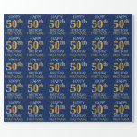 [ Thumbnail: Blue, Faux Gold "Happy 50th Birthday" Wrapping Paper ]