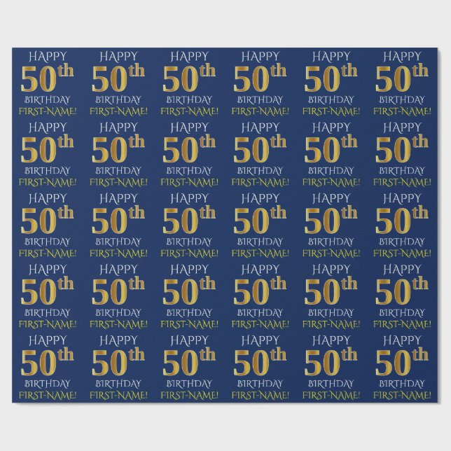 Blue, Faux Gold "HAPPY 50th BIRTHDAY" Wrapping Paper (Flat)