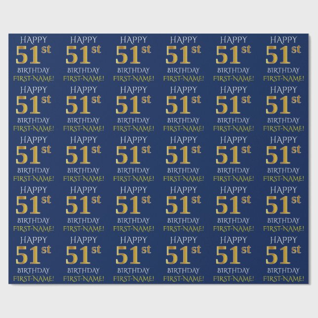 Blue, Faux Gold "HAPPY 51st BIRTHDAY" Wrapping Paper (Flat)
