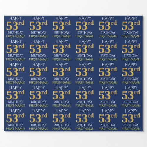 Blue Faux Gold HAPPY 53rd BIRTHDAY Wrapping Paper