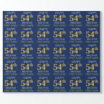 [ Thumbnail: Blue, Faux Gold "Happy 54th Birthday" Wrapping Paper ]