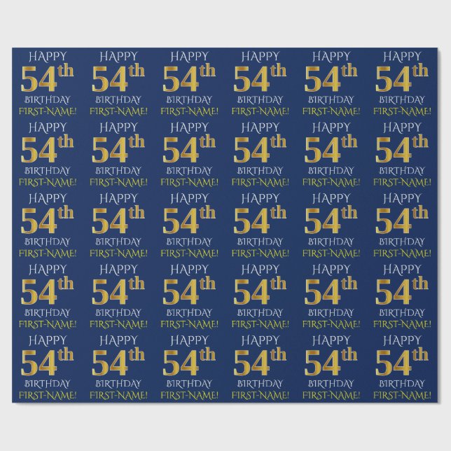 Blue, Faux Gold "HAPPY 54th BIRTHDAY" Wrapping Paper (Flat)