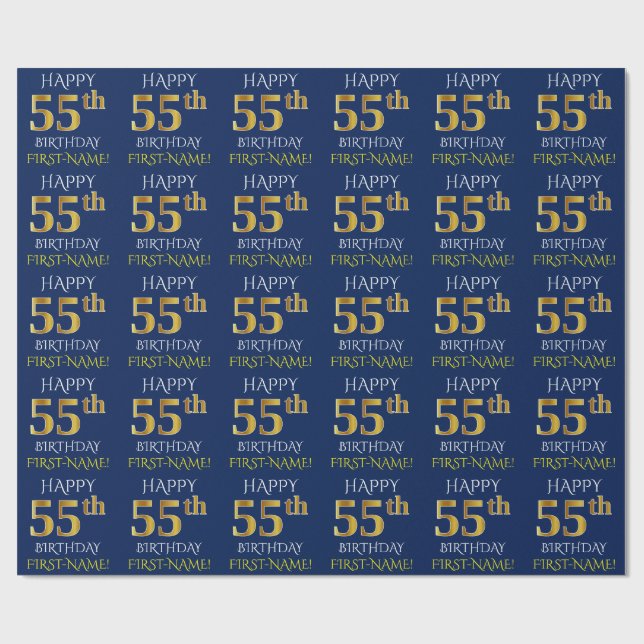 Blue, Faux Gold "HAPPY 55th BIRTHDAY" Wrapping Paper (Flat)