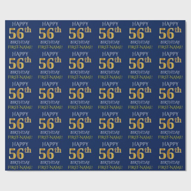 Blue, Faux Gold "HAPPY 56th BIRTHDAY" Wrapping Paper (Flat)
