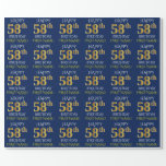 [ Thumbnail: Blue, Faux Gold "Happy 58th Birthday" Wrapping Paper ]