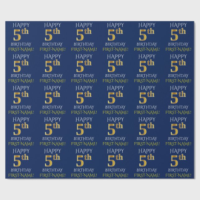 Blue, Faux Gold "HAPPY 5th BIRTHDAY" Wrapping Paper (Flat)