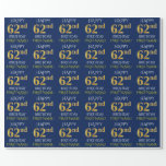 [ Thumbnail: Blue, Faux Gold "Happy 62nd Birthday" Wrapping Paper ]