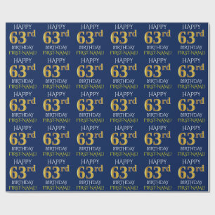 Blue, Faux Gold "HAPPY 63rd BIRTHDAY" Wrapping Paper