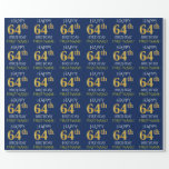 [ Thumbnail: Blue, Faux Gold "Happy 64th Birthday" Wrapping Paper ]