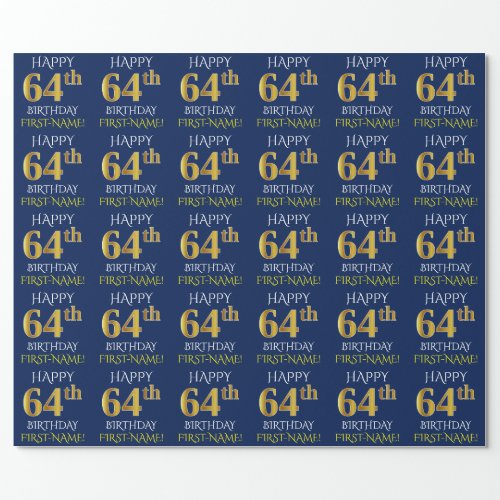 Blue Faux Gold HAPPY 64th BIRTHDAY Wrapping Paper
