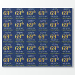 [ Thumbnail: Blue, Faux Gold "Happy 69th Birthday" Wrapping Paper ]
