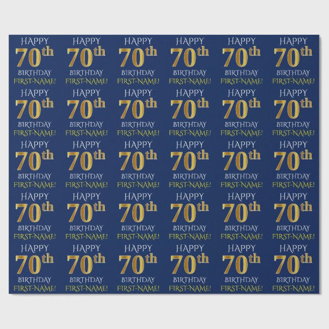 Blue, Faux Gold "HAPPY 70th BIRTHDAY" Wrapping Paper (Flat)