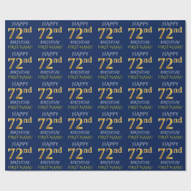 Blue, Faux Gold "HAPPY 72nd BIRTHDAY" Wrapping Paper (Flat)