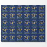 [ Thumbnail: Blue, Faux Gold "Happy 74th Birthday" Wrapping Paper ]