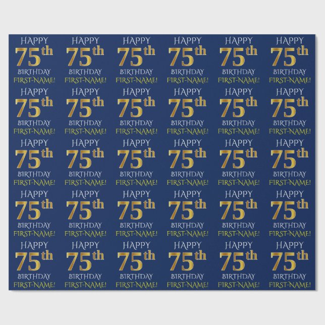 Blue, Faux Gold "HAPPY 75th BIRTHDAY" Wrapping Paper (Flat)