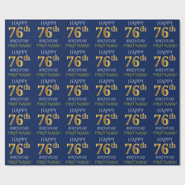 Blue, Faux Gold "HAPPY 76th BIRTHDAY" Wrapping Paper (Flat)