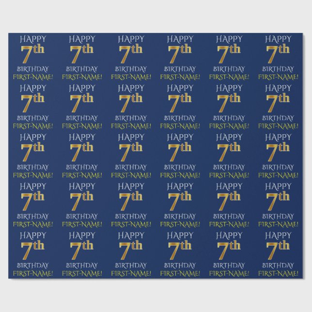 Blue, Faux Gold "HAPPY 7th BIRTHDAY" Wrapping Paper (Flat)