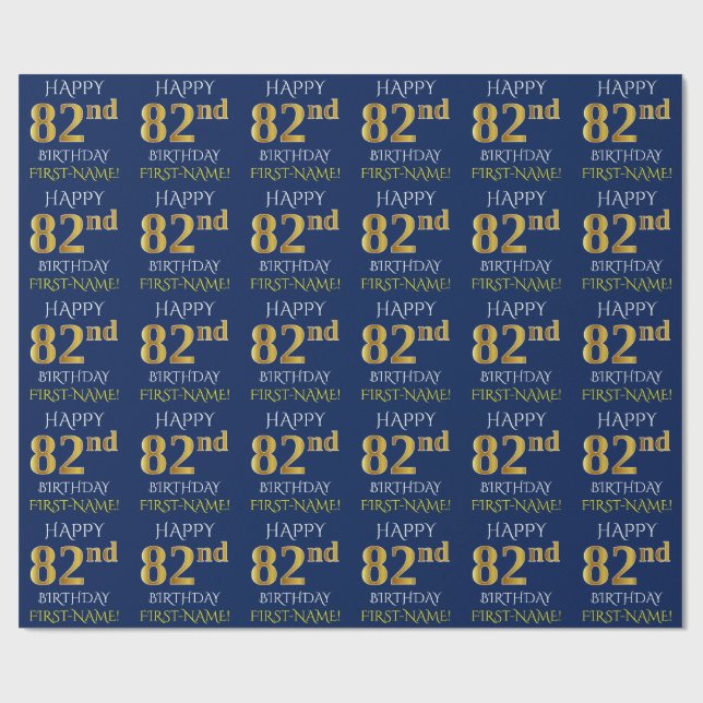 Blue, Faux Gold "HAPPY 82nd BIRTHDAY" Wrapping Paper (Flat)
