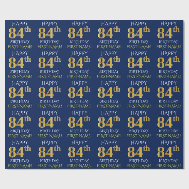 Blue, Faux Gold "HAPPY 84th BIRTHDAY" Wrapping Paper (Flat)
