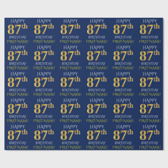 Blue, Faux Gold "HAPPY 87th BIRTHDAY" Wrapping Paper (Flat)