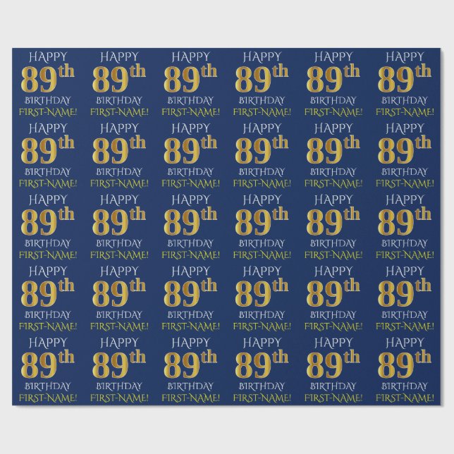 Blue, Faux Gold "HAPPY 89th BIRTHDAY" Wrapping Paper (Flat)