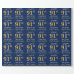 [ Thumbnail: Blue, Faux Gold "Happy 91st Birthday" Wrapping Paper ]