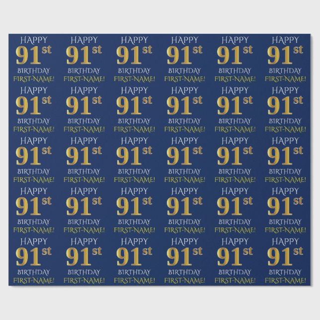 Blue, Faux Gold "HAPPY 91st BIRTHDAY" Wrapping Paper (Flat)