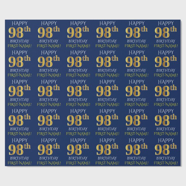 Blue, Faux Gold "HAPPY 98th BIRTHDAY" Wrapping Paper (Flat)
