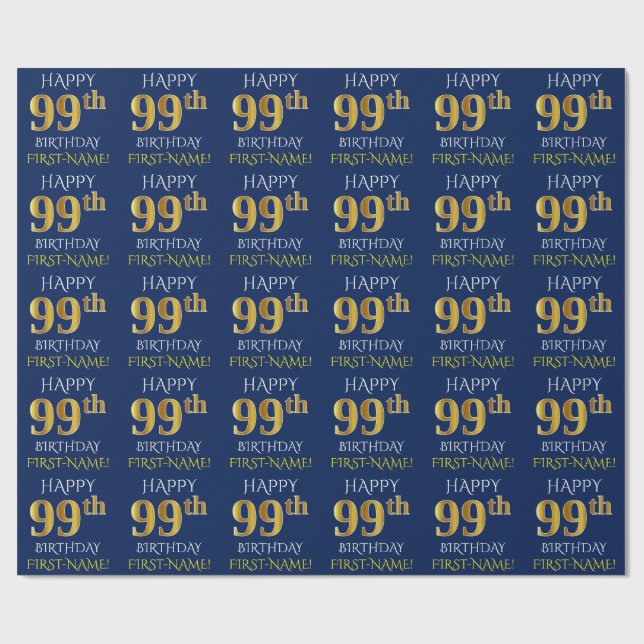 Blue, Faux Gold "HAPPY 99th BIRTHDAY" Wrapping Paper (Flat)