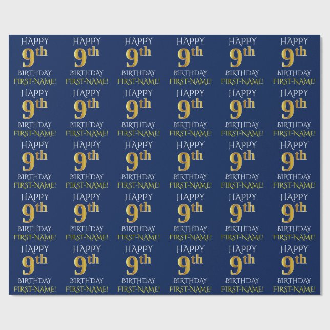 Blue, Faux Gold "HAPPY 9th BIRTHDAY" Wrapping Paper (Flat)