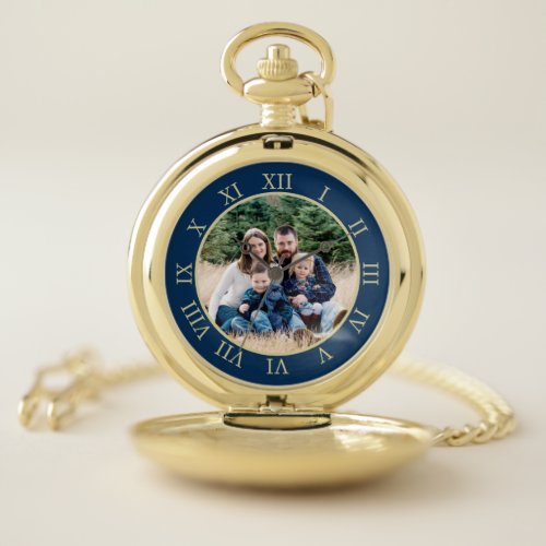 Blue &amp; Faux Gold Roman Numbers Custom Photo Pocket Watch