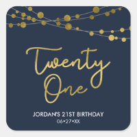 Blue Faux Gold Strings of Lights 21st Birthday Square Sticker